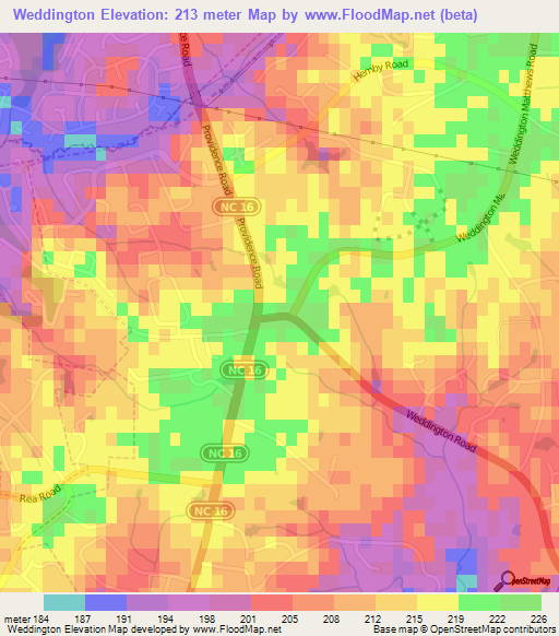 Weddington,US Elevation Map