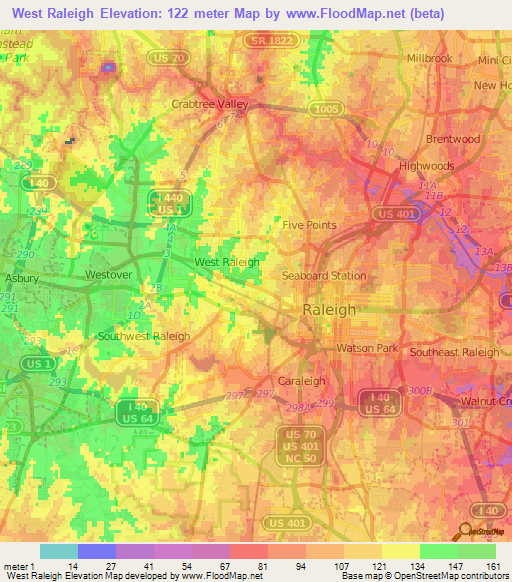 West Raleigh,US Elevation Map