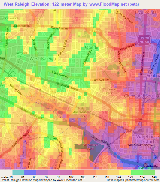 West Raleigh,US Elevation Map