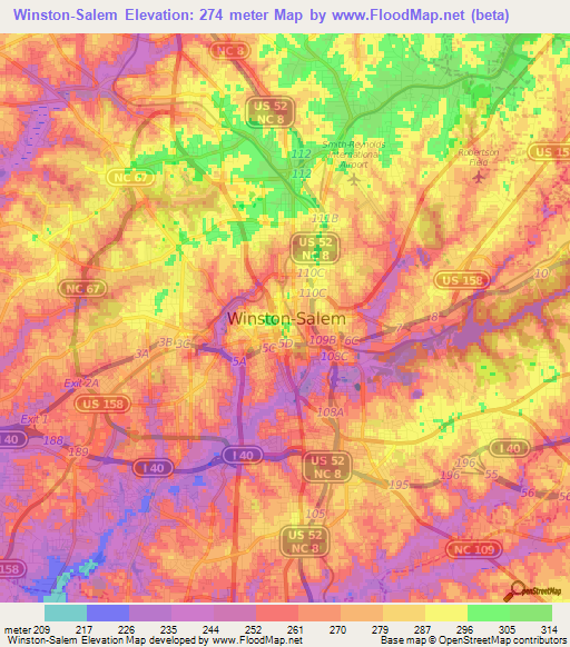 Winston-Salem,US Elevation Map