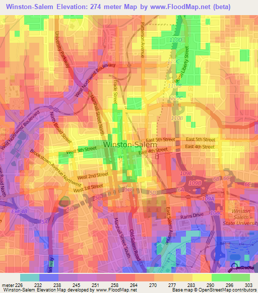 Winston-Salem,US Elevation Map