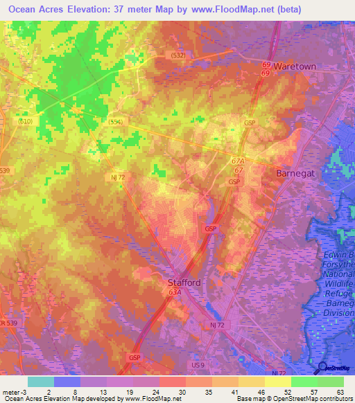 Ocean Acres,US Elevation Map