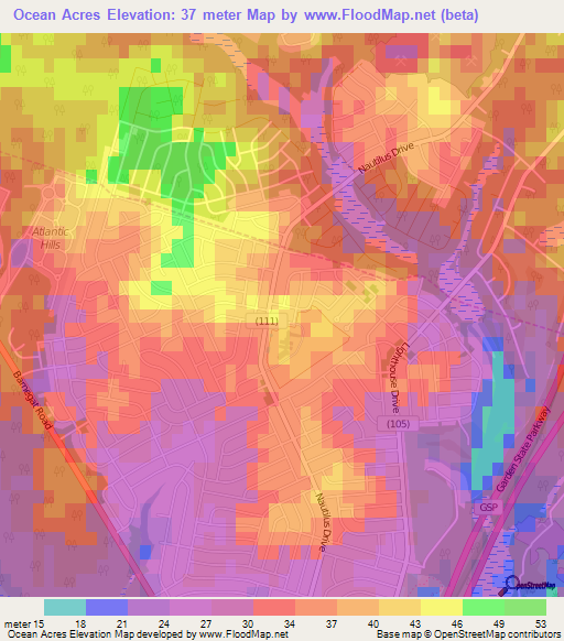 Ocean Acres,US Elevation Map