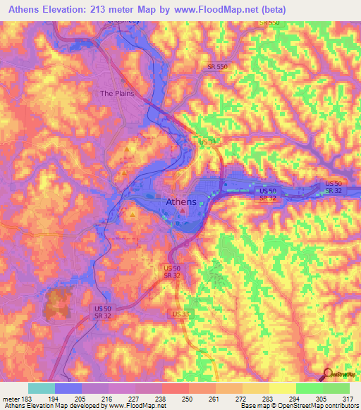 Athens,US Elevation Map