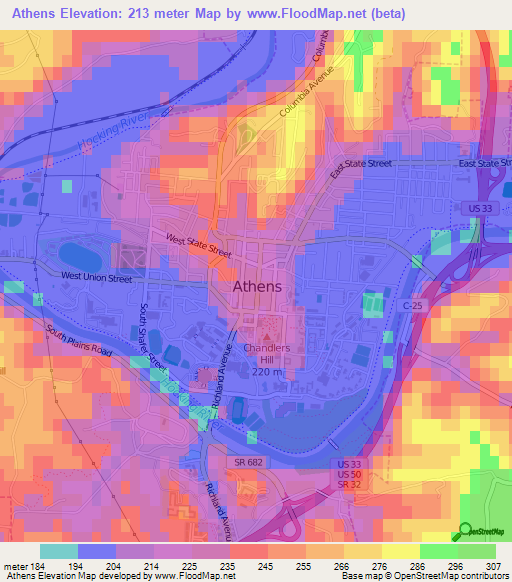 Athens,US Elevation Map