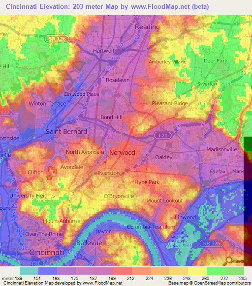 Cincinnati,US Elevation Map