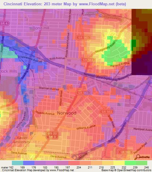 Cincinnati,US Elevation Map