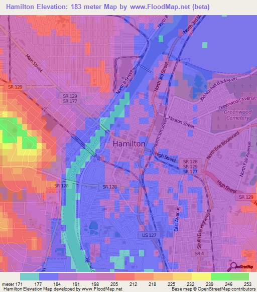 Hamilton,US Elevation Map