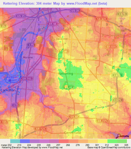 Kettering,US Elevation Map