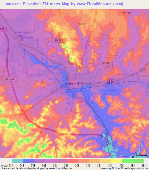 Lancaster,US Elevation Map