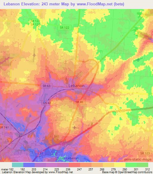 Lebanon,US Elevation Map