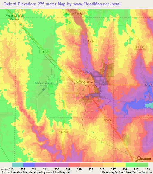 Oxford,US Elevation Map