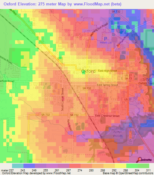 Oxford,US Elevation Map