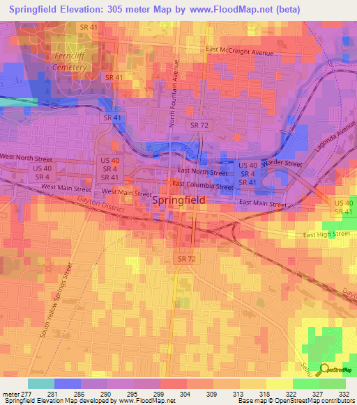 Springfield,US Elevation Map