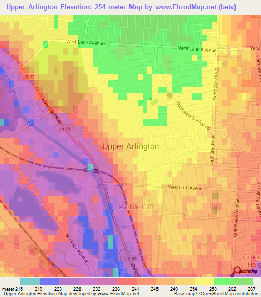 Upper Arlington,US Elevation Map