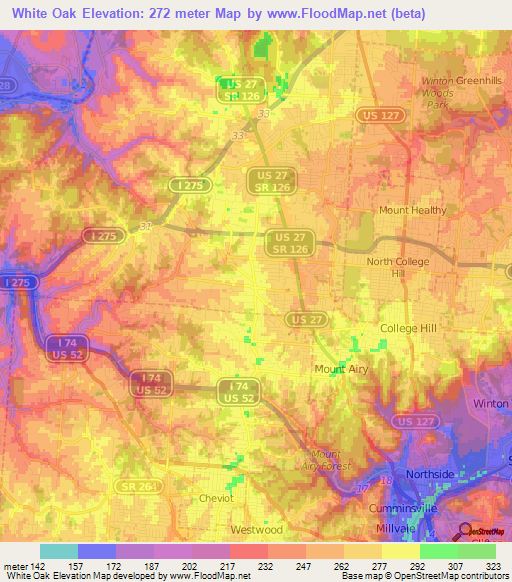 White Oak,US Elevation Map