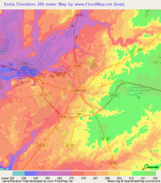 Xenia,US Elevation Map