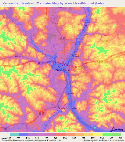 Zanesville,US Elevation Map