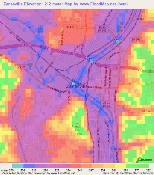 Zanesville,US Elevation Map