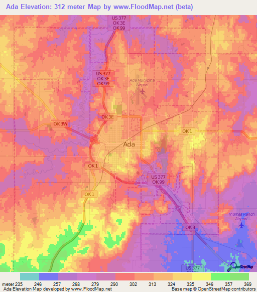 Ada,US Elevation Map