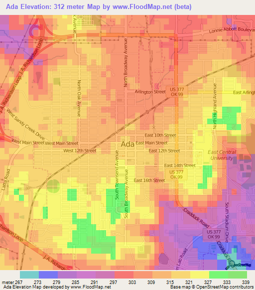 Ada,US Elevation Map