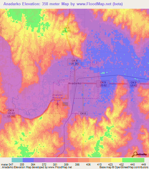 Anadarko,US Elevation Map