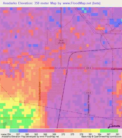 Anadarko,US Elevation Map