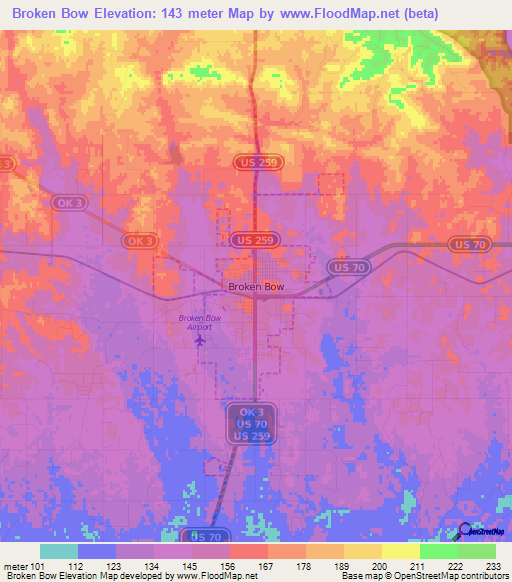 Broken Bow,US Elevation Map