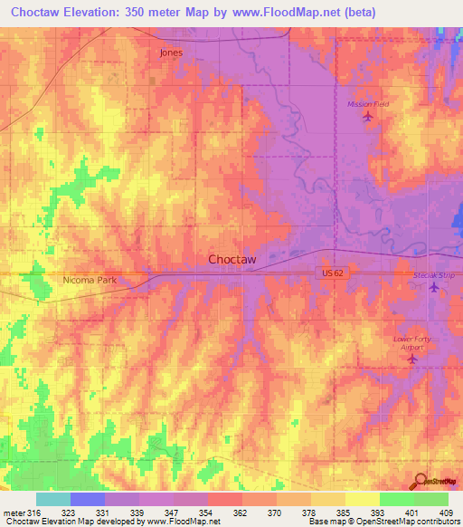 Choctaw,US Elevation Map