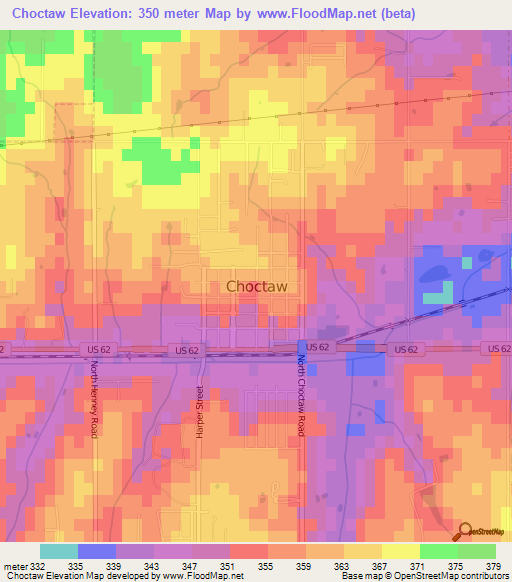 Choctaw,US Elevation Map