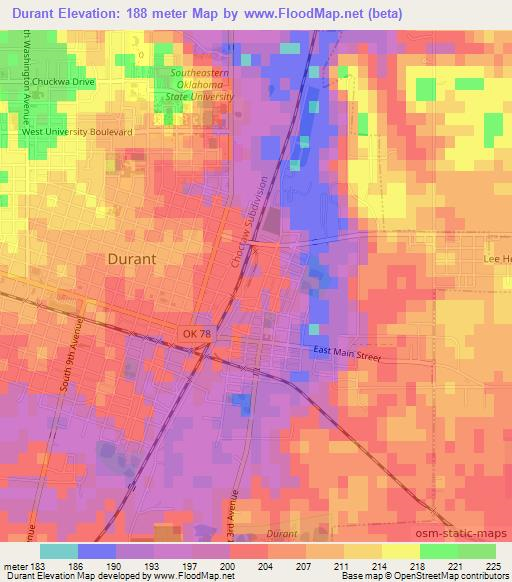 Durant,US Elevation Map