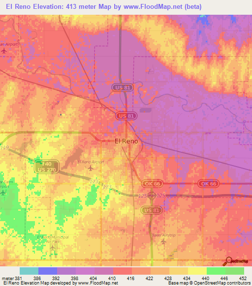 El Reno,US Elevation Map