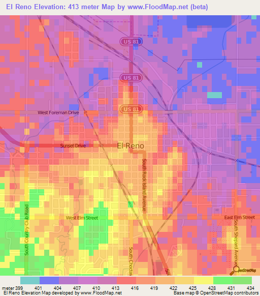 El Reno,US Elevation Map