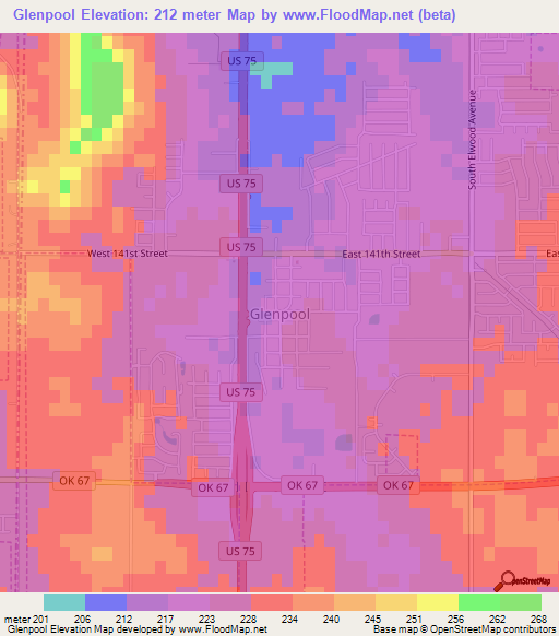 Glenpool,US Elevation Map