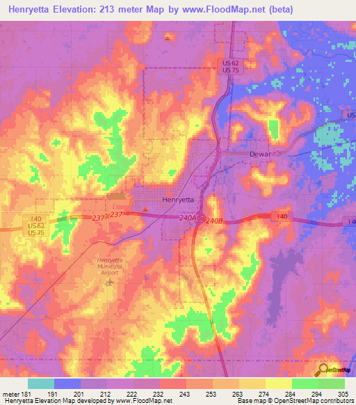 Henryetta,US Elevation Map