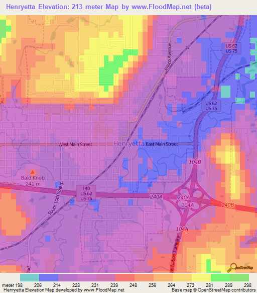 Henryetta,US Elevation Map