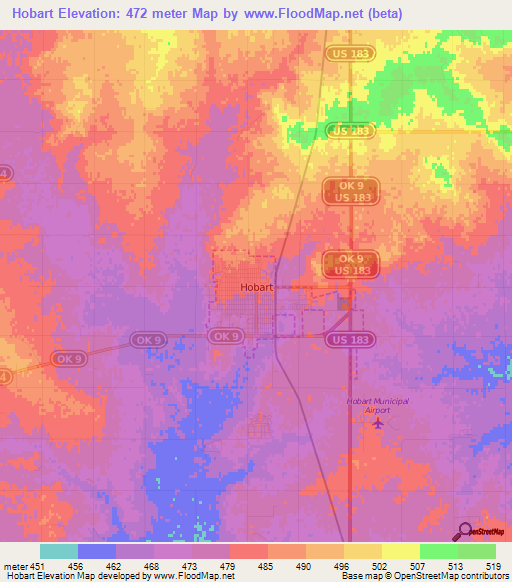 Hobart,US Elevation Map