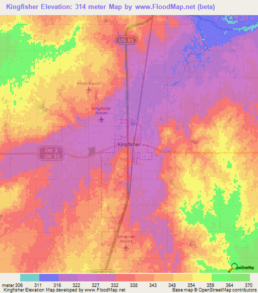 Kingfisher,US Elevation Map