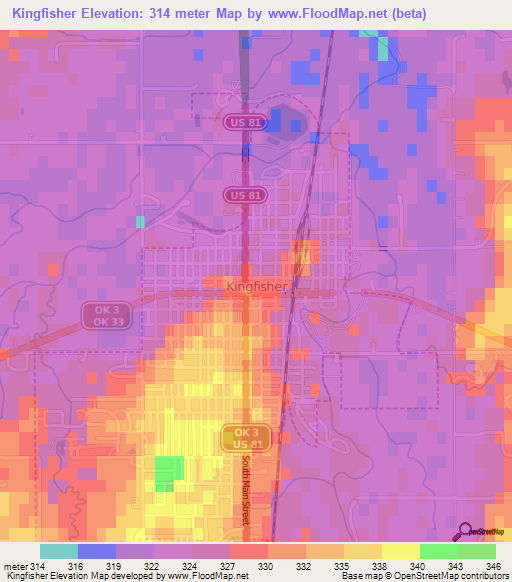 Kingfisher,US Elevation Map