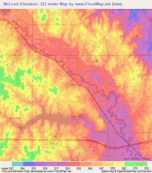 McLoud,US Elevation Map