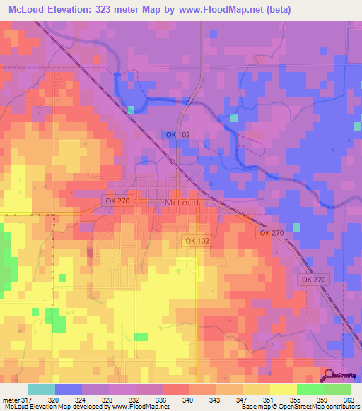 McLoud,US Elevation Map