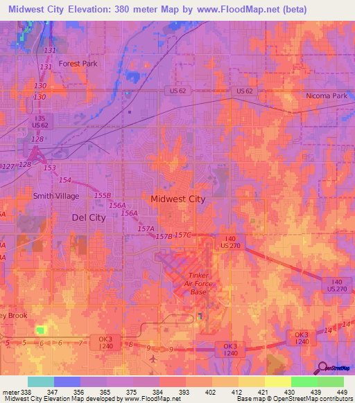 Midwest City,US Elevation Map