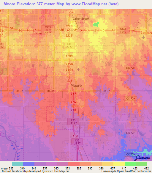 Moore,US Elevation Map