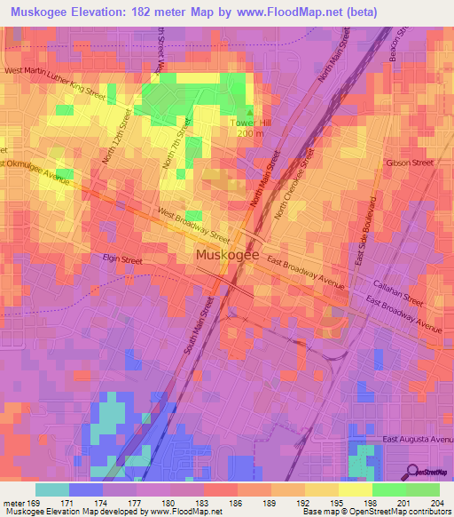 Muskogee,US Elevation Map