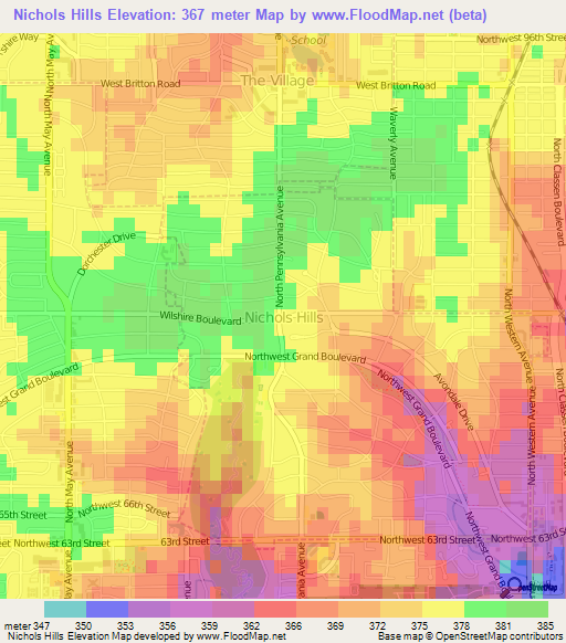 Nichols Hills,US Elevation Map