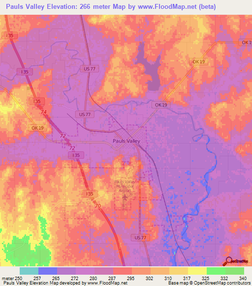 Pauls Valley,US Elevation Map