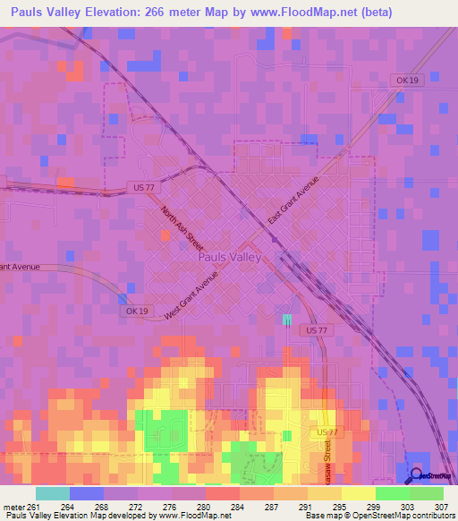 Pauls Valley,US Elevation Map