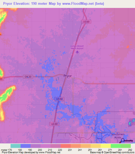 Pryor,US Elevation Map