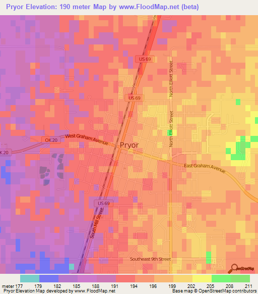 Pryor,US Elevation Map