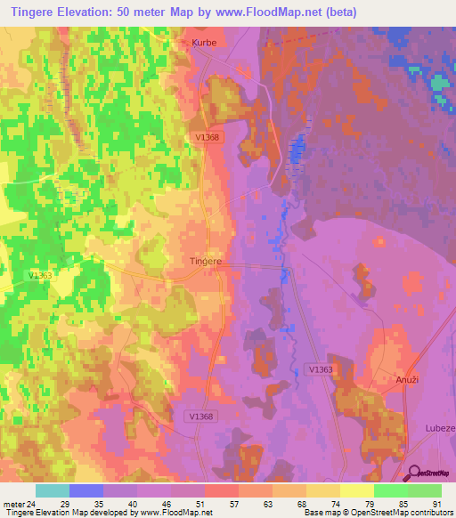 Tingere,Latvia Elevation Map